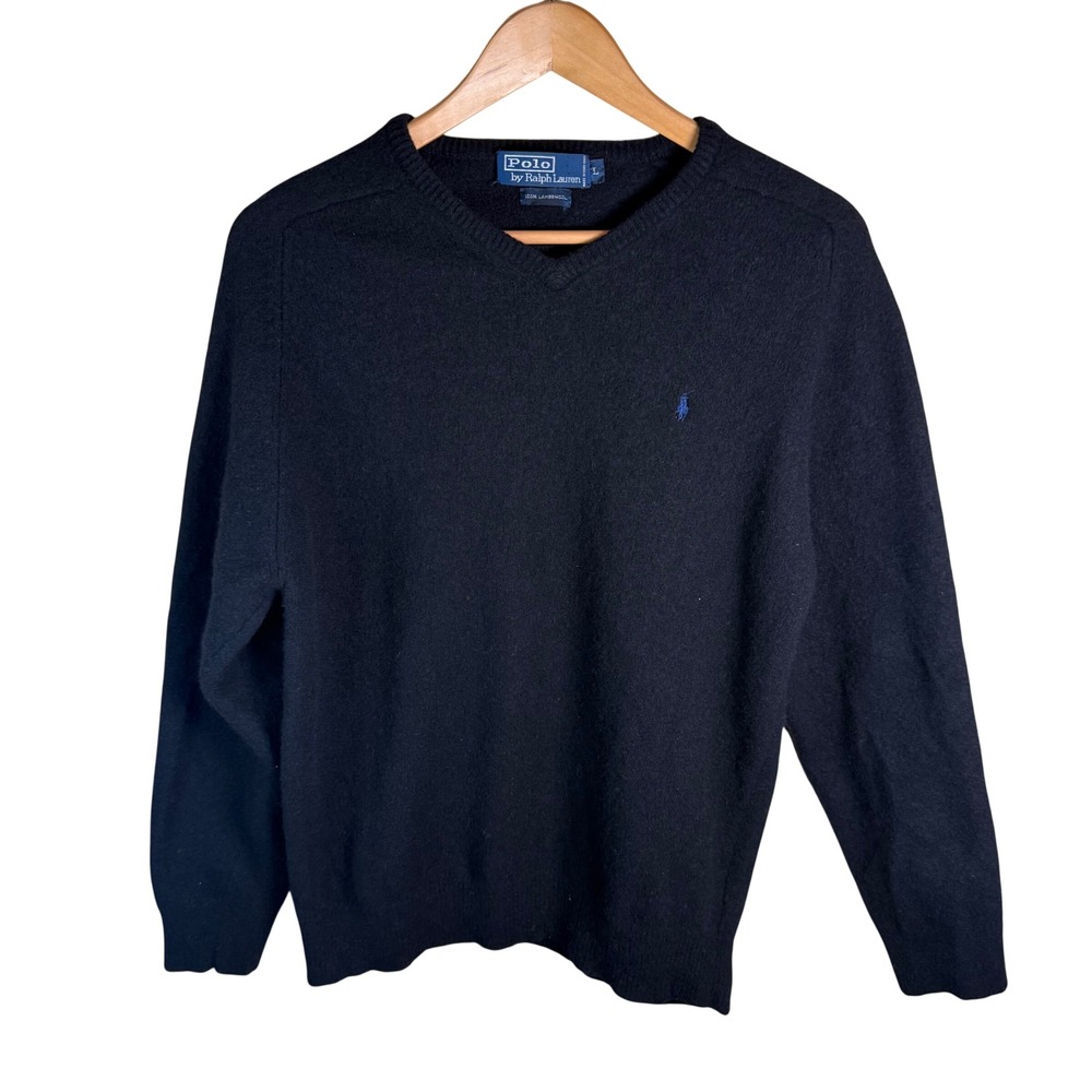 Polo Ralph Lauren Sweater Mens L Black Lambswool V-Neck Knit Preppy‎ Old Money